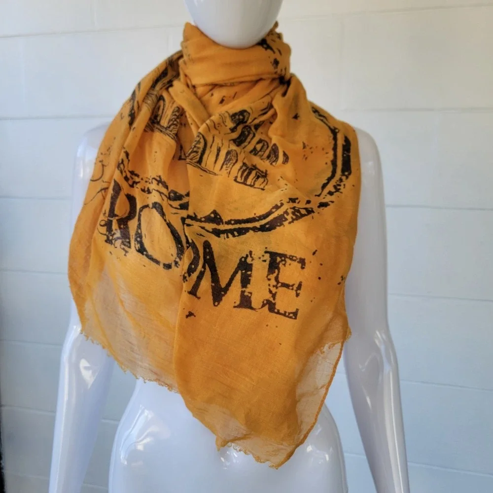 Rome Italy Themed Scarf Mustard Yellow Cotton Blend with a Sheer 70